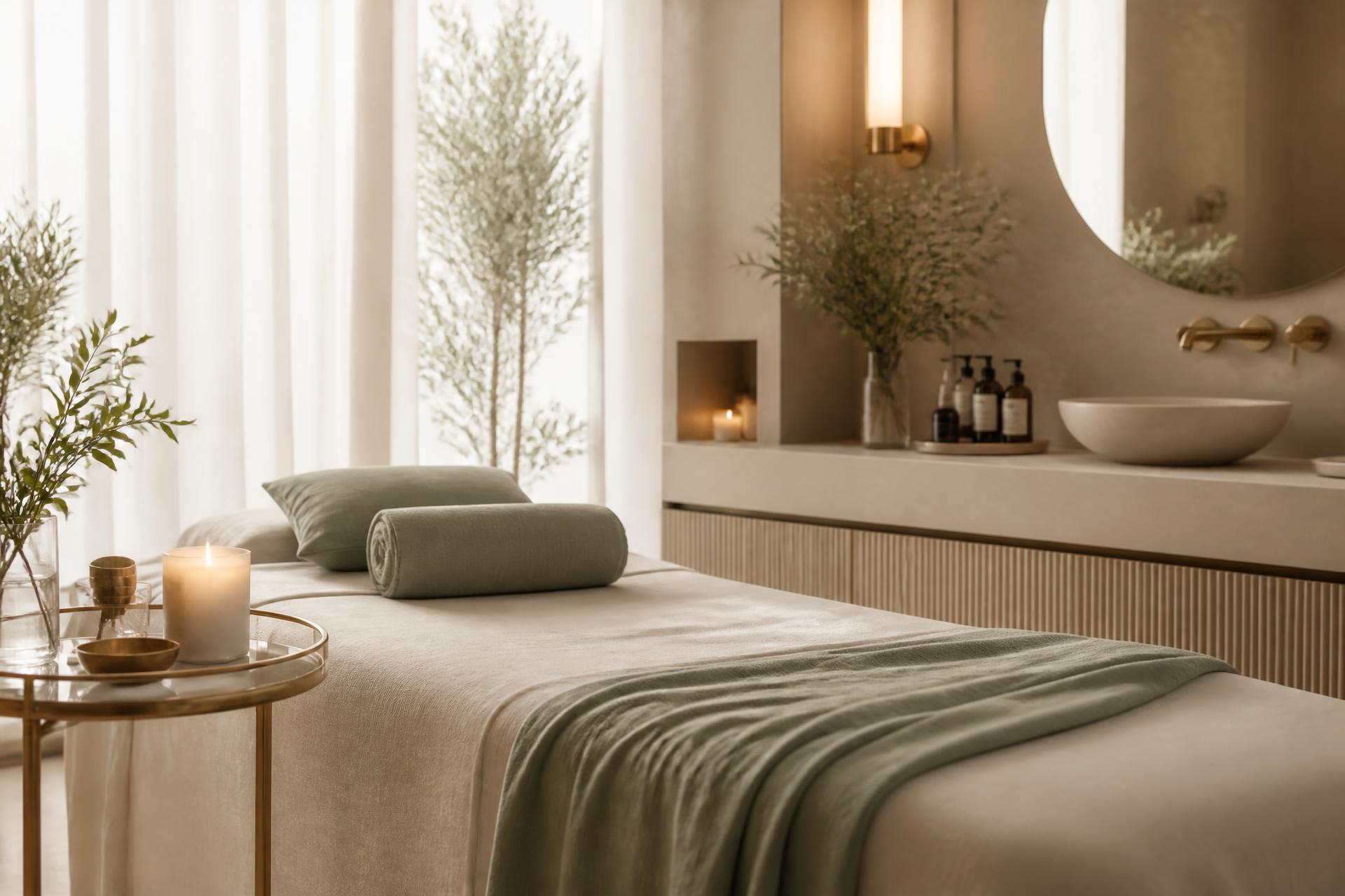 Softly lit treatment room at Reina Blossom with linen bed and sage green throw